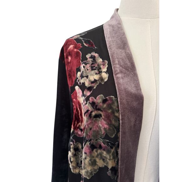 Mystree Large Floral Velvet Dark Gray Blue Kimono Ruana Wrap Open Cardigan - Picture 6 of 8